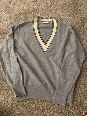Sandro Gray V-Neck Sweater with Cream Trim